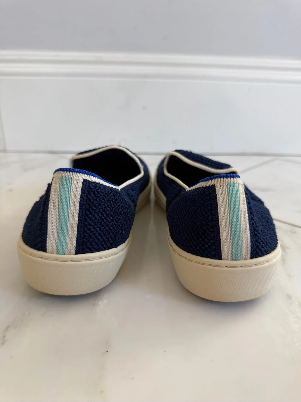 Rothy’s Women’s 9 Navy Blue Knit Flat Loafers with mint accents off white soles